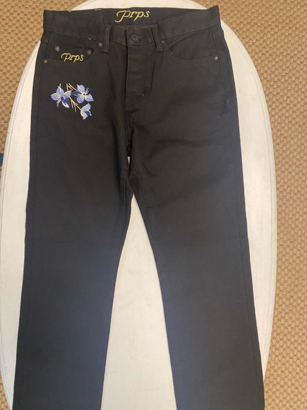 PRPS Black Chinos with Blue Floral Embroidery